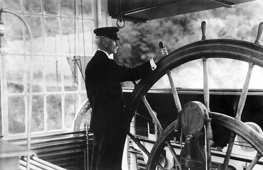 Aboard the U. S. Mississippi River Commission Inspection Boat Mississippi, with Pilot Lawrence H. Sanders at the wheel in 1907, during the voyage of President Teddy Roosevelt from Cairo, Illinois to New Orleans.
