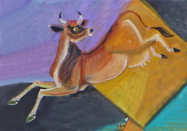 The Jersey cow completing her leap is from “Farm Ruckus” painted by Dahlov Ipcar in 2013, used by permission from Dahlov Ipcar Arts Collection, LCC.