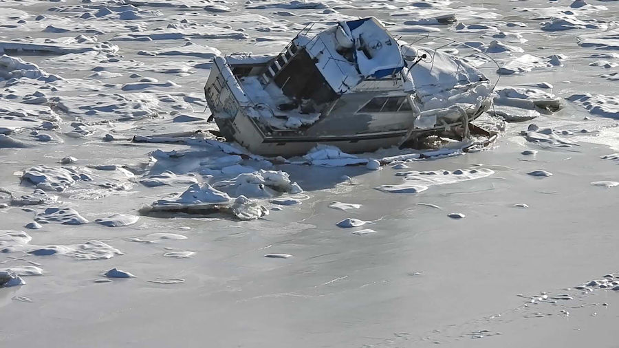 Closeup of the Hook, Line and Sinker stuck in the ice, February 2025.