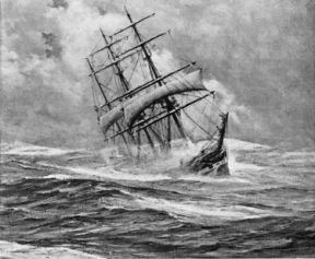 picture of ship in heavy seas with lee rail under